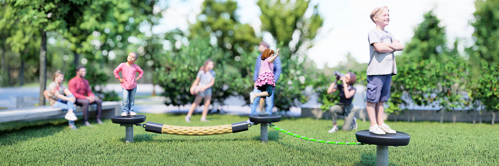 A render image of a slackline trail play playground unit. Render children are playing and completing the obstacle.